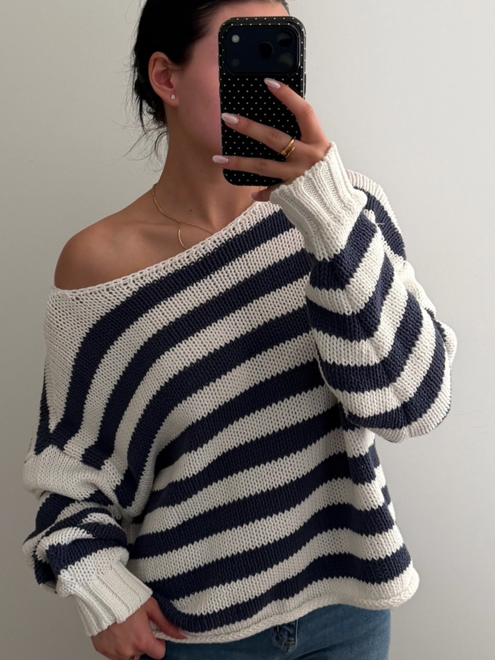 aerie Navy & White Striped Off-Shoulder Sweater